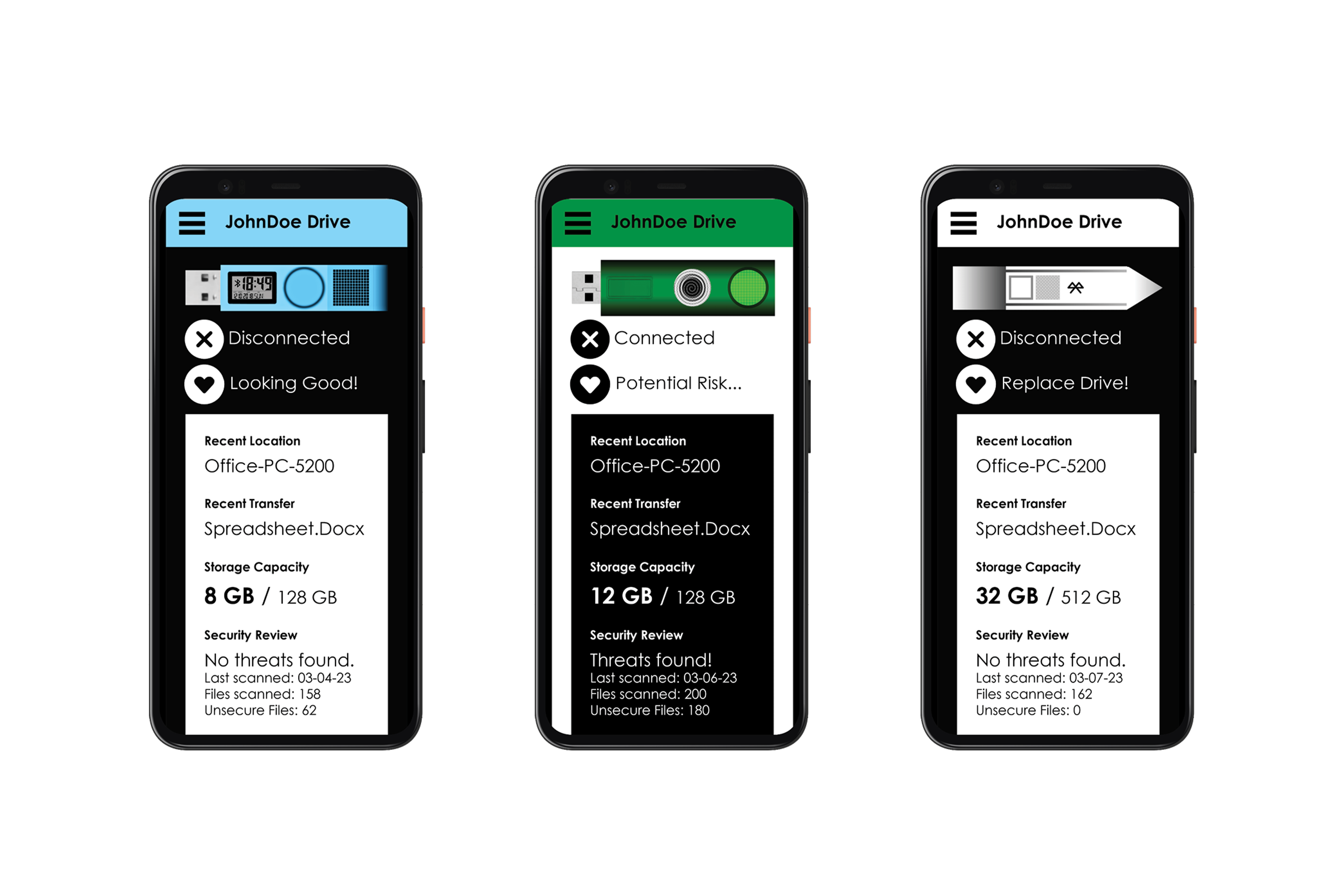 Three mobile phones showing app in use.
