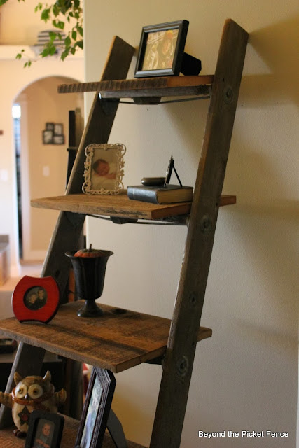 ladder shelf, wax, old ladder, wood, reclaimed, repurposed, Beyond The Picket Fence, http://bec4-beyondthepicketfence.blogspot.com/2013/10/ladder-shelf.html