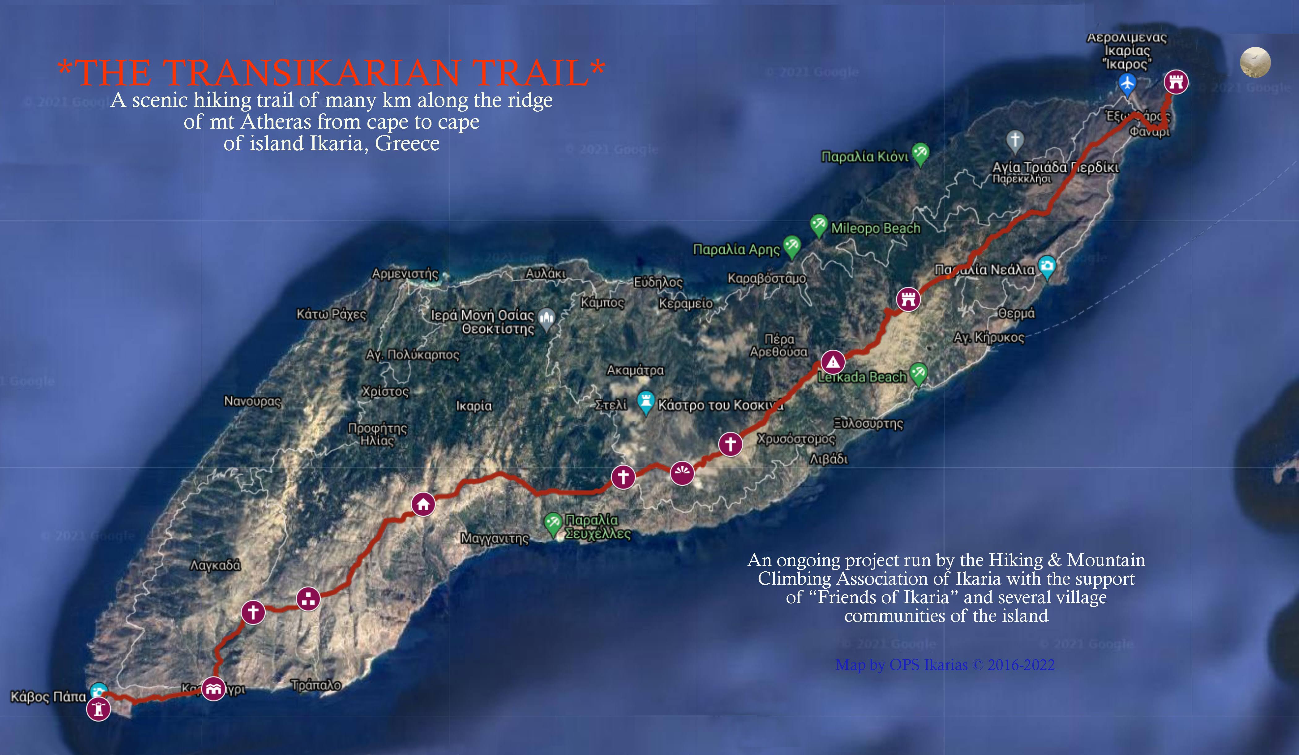 Full map of the 50 km long Trail of Atheras ridge in Ikaria island, Greece. OPS Ikarias 2022 © All rights reserved