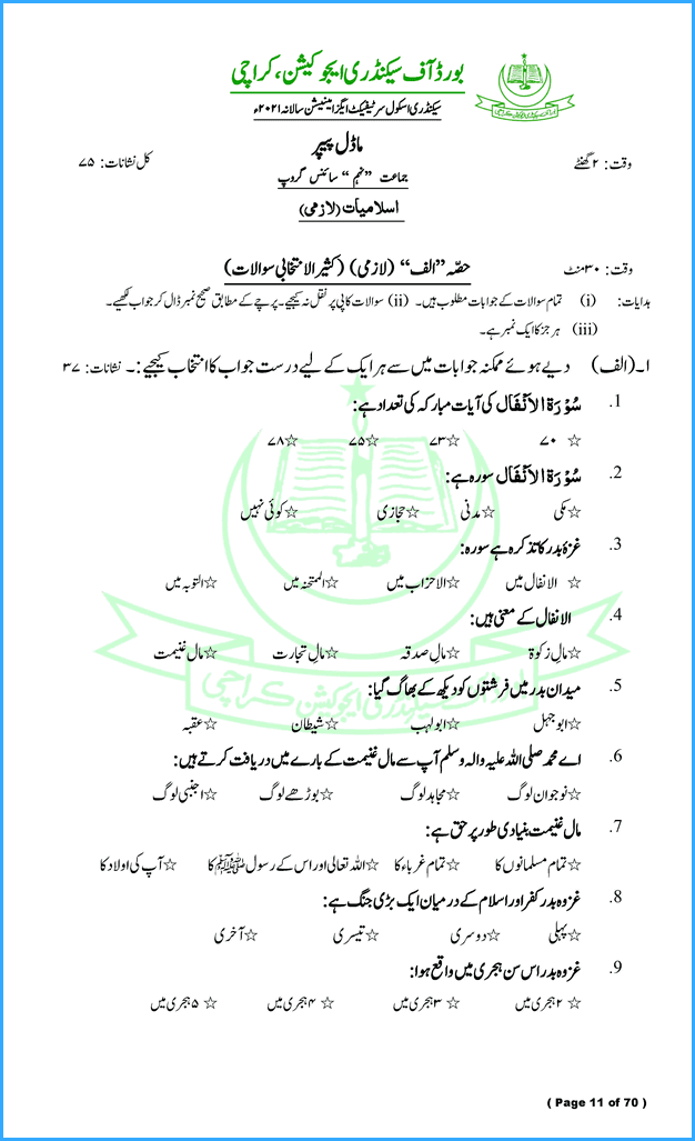 islamiat-9th-model-paper-for-annual-examination-of-2021-science-group