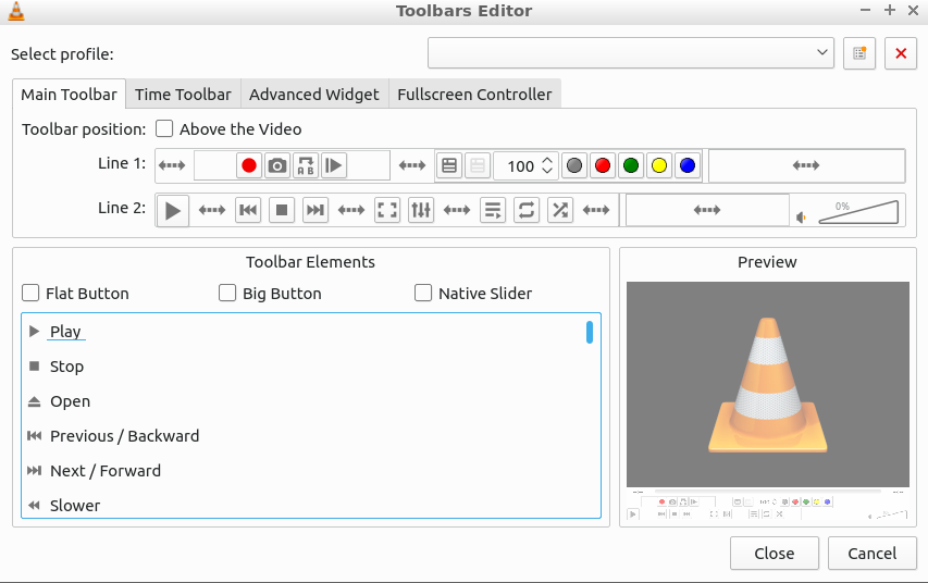 VLC media player toolbar editor