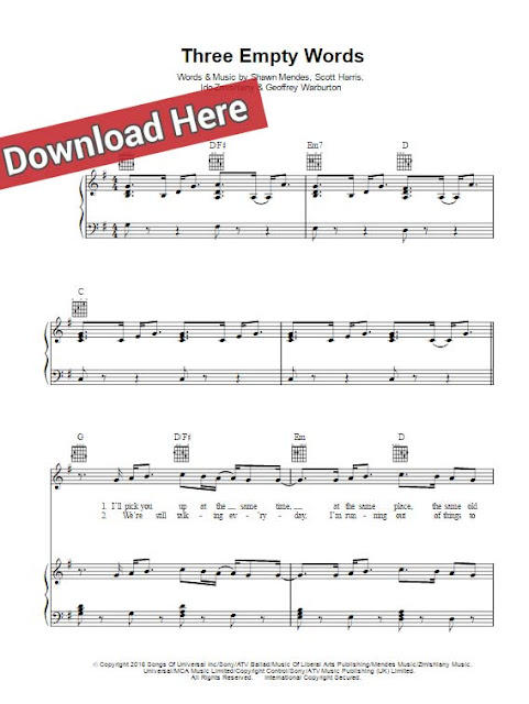 shawn mendes, three empty words, sheet music, piano notes, chords, download, pdf, klavier noten, keyboard, guitar, tabs