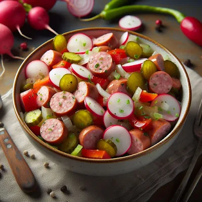 Auf mit dem Bild ist eine Schale gefüllt mit dem Klassiker Cabanossi Salat mit buntem Gemüse zu sehen. Das Gemüse wie rote Paprika wurde in Streifen, Radieschen in Scheiben, grüne Gewürzgurken in Scheiben, rote Zwiebeln in feine Ringe geschnitten und mit gelben Maiskörnern vermengt. Ein sehr sättigender, herzhafter Salat zum Abendessen.