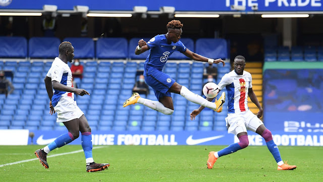 Tammy Abraham in flight as a he controls the ball in Chelsea win over Crystal Palace