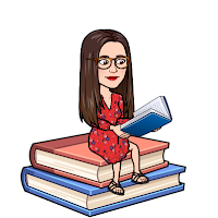 Miss Lawrence's Bitmoji cartoon avatar, a woman with big glasses and long brown hair, in a red dress, sits on a stack of books, reading.