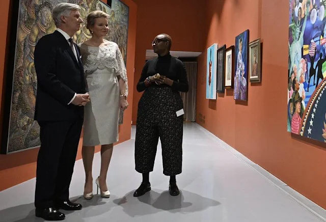 At Zeitz Museum, Queen Mathilde wore a new outfit, lace top and skirt, by the Belgian designer Bernard De Poorter