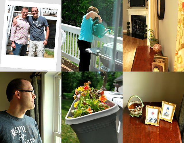Six photos in and around the house in New Hampshire. Shane and B at the base of the deck in the back. Mom watering flowers in the flower boxes. The fireplace. Shane looking out the window. A close-up of a flower box. Framed artwork resting on a table.