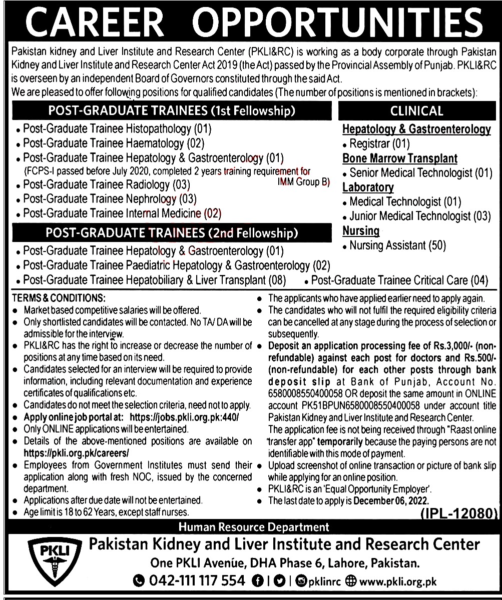 Pakistan Kidney And Liver Institute PKLI Jobs .