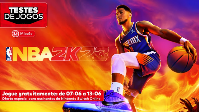Arte de NBA 2K23 com o logo do game, uma ilustração de um atleta de basquete e informações sobre quando o game estará disponível nos Testes de Jogos