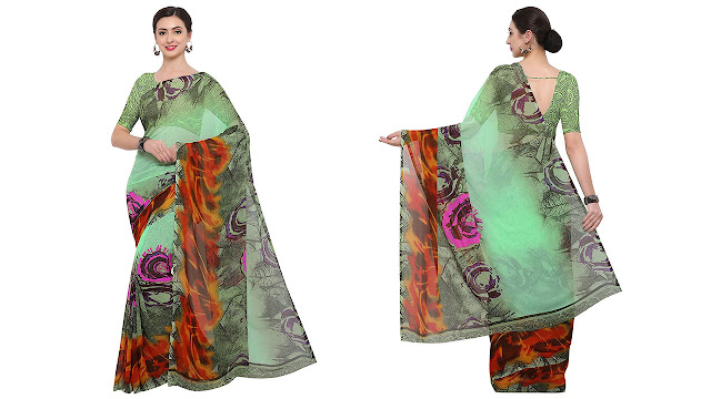 Varayu Women's Green and Multi Georgette Abstract Digital Printed Saree With Unstitched Blouse Piece