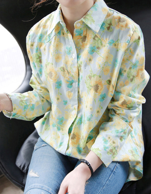 Yellow Floral on Mint Button-Down Shirt