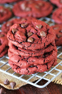 Stack of Red Velvet Chocolate Chip Cookies Image