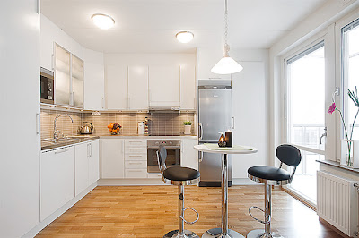 Cozy Minimalist Kitchen Laminate Floor And Stylish Bar Stools