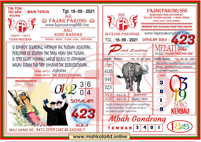 Syair Prediksi Jitu Fajar Pakong 888 Sabtu, 18 - September - 2021