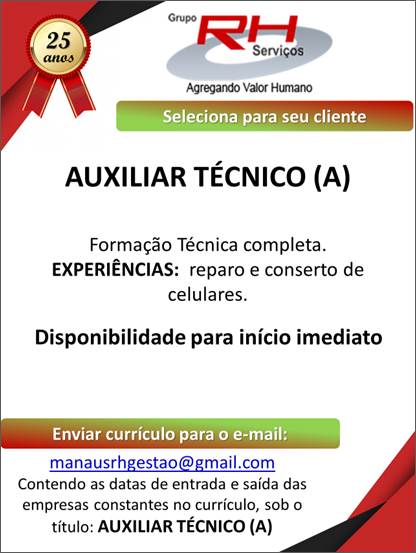 Ajudante de Manutenção\Técnico de Enfermagem/Auxiliar Técnico (a)