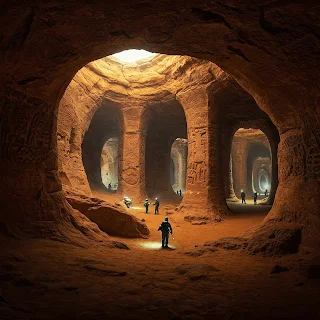 A mysterious underground tunnel system carved into ancient African rock formations, illuminated by soft, eerie lighting. T