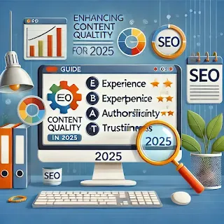 Illustration for enhancing content quality for SEO in 2025, featuring a computer displaying high-quality metrics like E-E-A-T, a magnifying glass over a search bar, and a professional workspace with a modern digital background.