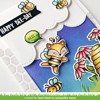 Happy Bee Day Card by Samantha Mann for Lawn Fawn, Interactive, Distress Inks, Card Making, Handmade Cards, Fox, Bees, Bee, Ink Blending, Die Cutting, #lawnfawn #distressinks #inkblending #cardmaking #interactivecard #interactive #bee