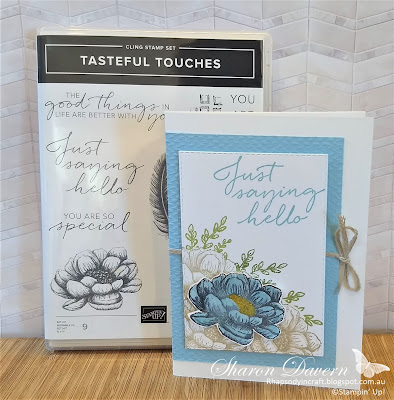 Stampin' Up! Balmy Blue, Balmy Blue, Friendship Card, Hello Card, In Good Taste Suite, Tasteful Touches Stamp set, Tasteful Textiles 3D Embossing Folder, Colour Creations Showcase, Rhapsodyincraft, Blender pens, 2020-21 Stampin' Up! Annual Catalogue, Stampin' Up!