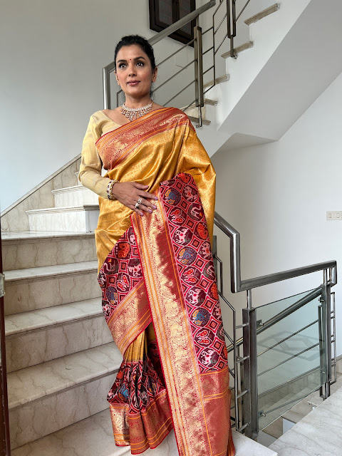 Gold silk Kanjeevaram saree with patola border