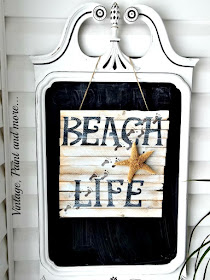 Vintage, Paint and more... Beach inspried porch with chalk painted mirror and DIY shim beach sign