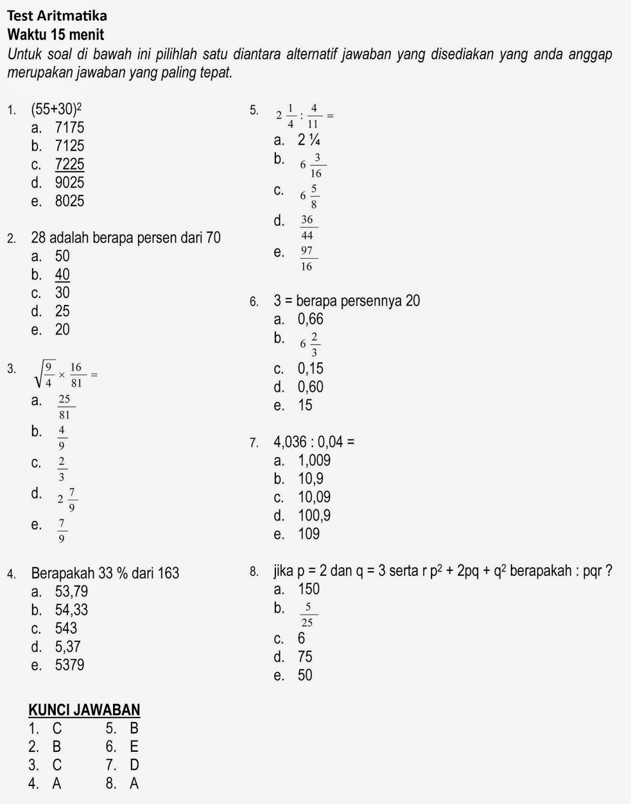 Contoh Soal Psikotest Aritmatika