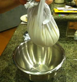 Straining the Fromage Blanc cheese