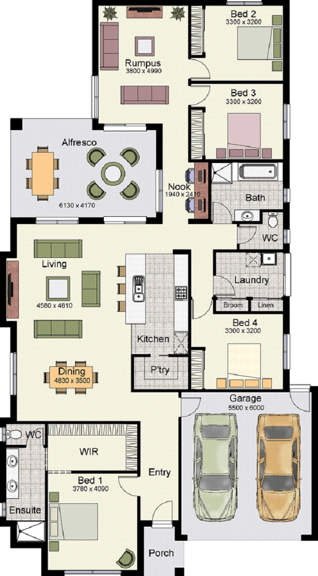 PLANO DE CASA DE CASA DE UN PISO CON CUATRO DORMITORIOS