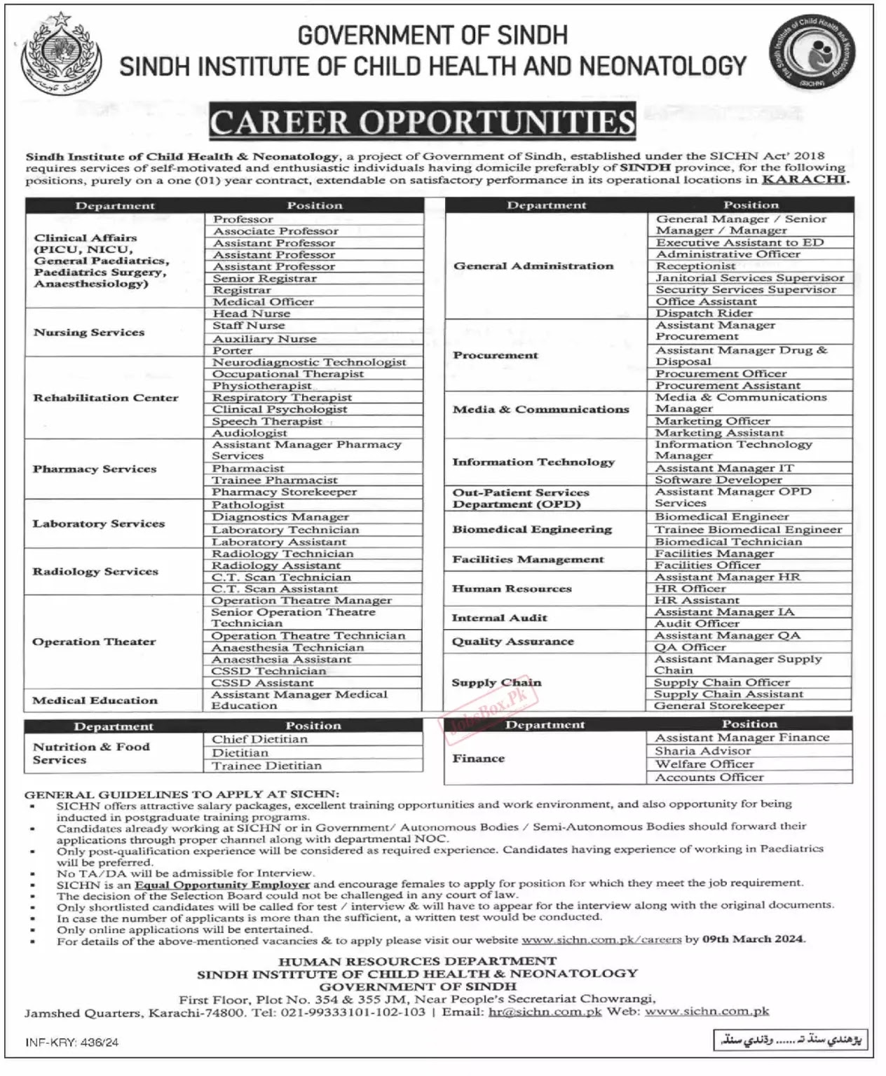 Sindh Institute of Child Health and Neonatology SICHN Jobs 2024 - Latest Advertisement