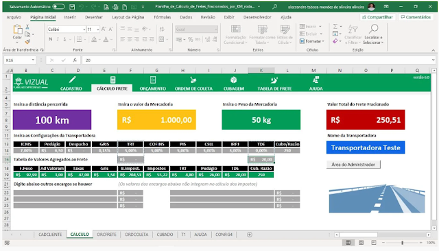 Planilha de Cálculo para Fretes Fracionados Por KM Rodado em Excel