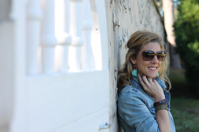 the Queen City Style, Charlie 1 Horse boots, Gap denim jacket, Gap black jeans, J. Crew blouse, Natural Born Thriller Sunglasses, A. Liz Designs Earrings, Coach Cross Body Purse