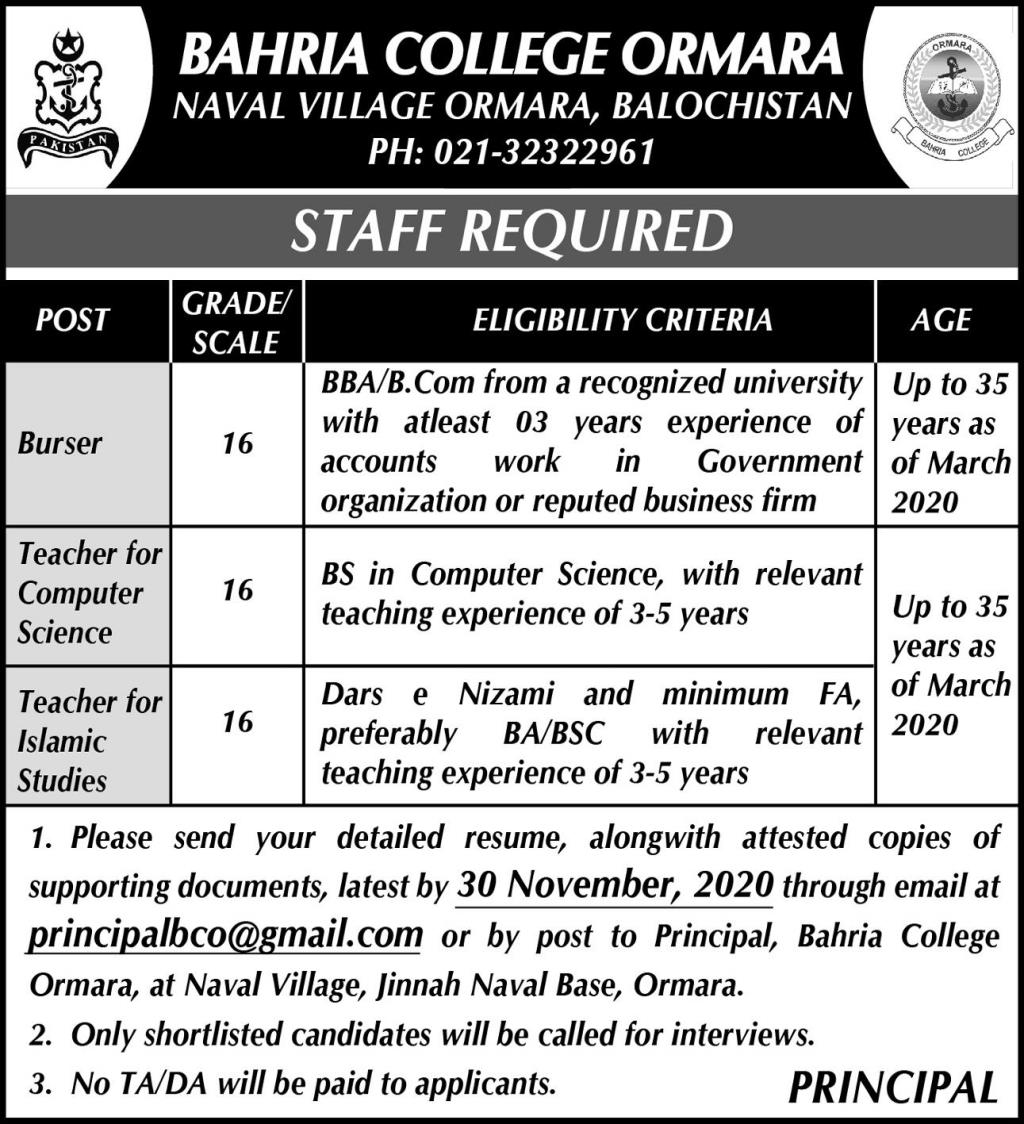 Bahria College Ormara Teaching Staff Jobs 2020 for Burser, Teacher, Computer Teacher, Islamic Studies Teacher