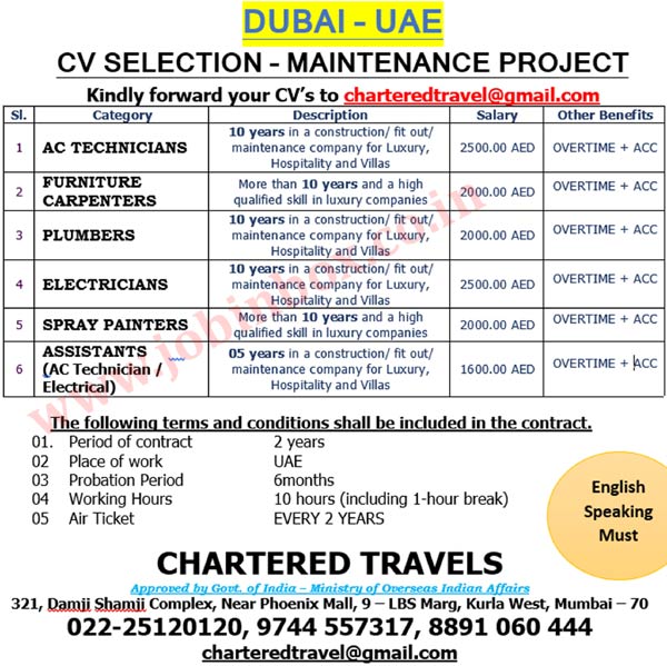 CV SELECTION - JOBS IN DUBAI UAE - MAINTENANCE PROJECT - CHARTERED TRAVELS Chartered Travels, Jobs in UAE, Dubai Jobs, AC Technician, Furniture Carpenter, Plumber, Electrician, Electrical Jobs, Spray Painter, 