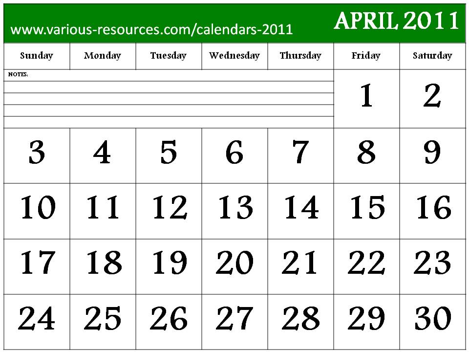 calendar april 2011. Free 2011 Calendar April month