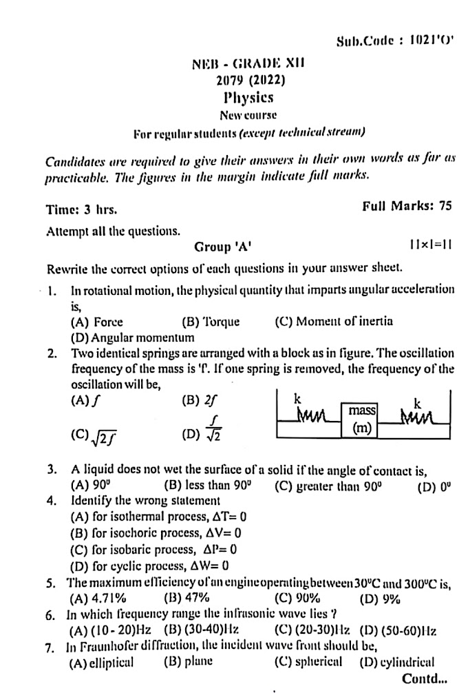 Class 12 NEB Board Question 2079 for Science Faculty 
