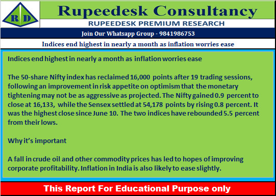 Indices end highest in nearly a month as inflation worries ease - Rupeedesk Reports - 08.07.2022