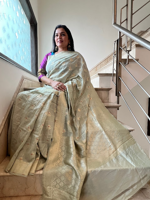 Whispers of Elegance: Exploring the Allure of Silver Grey Silk Chanderi Saree with Zari Checks