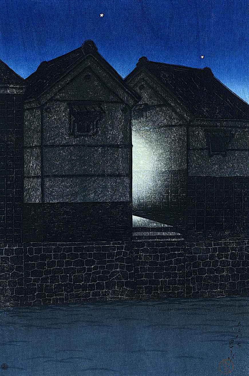 a Shukado print in color of a home at night