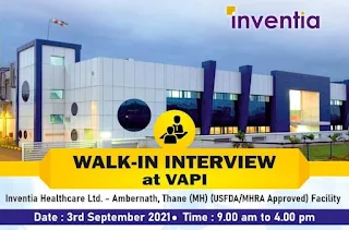 Inventia Healthcare Ltd Recruitment 2021| ITI, B.Sc,  M.Sc, D.Pharm, B. Pharm Candidates | Walk in Interview at Vapi