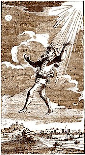 Dyrcona's ascension using flasks of morning dew. 17th century engraving.