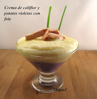 Crema de coliflor y patatas violeta con foie