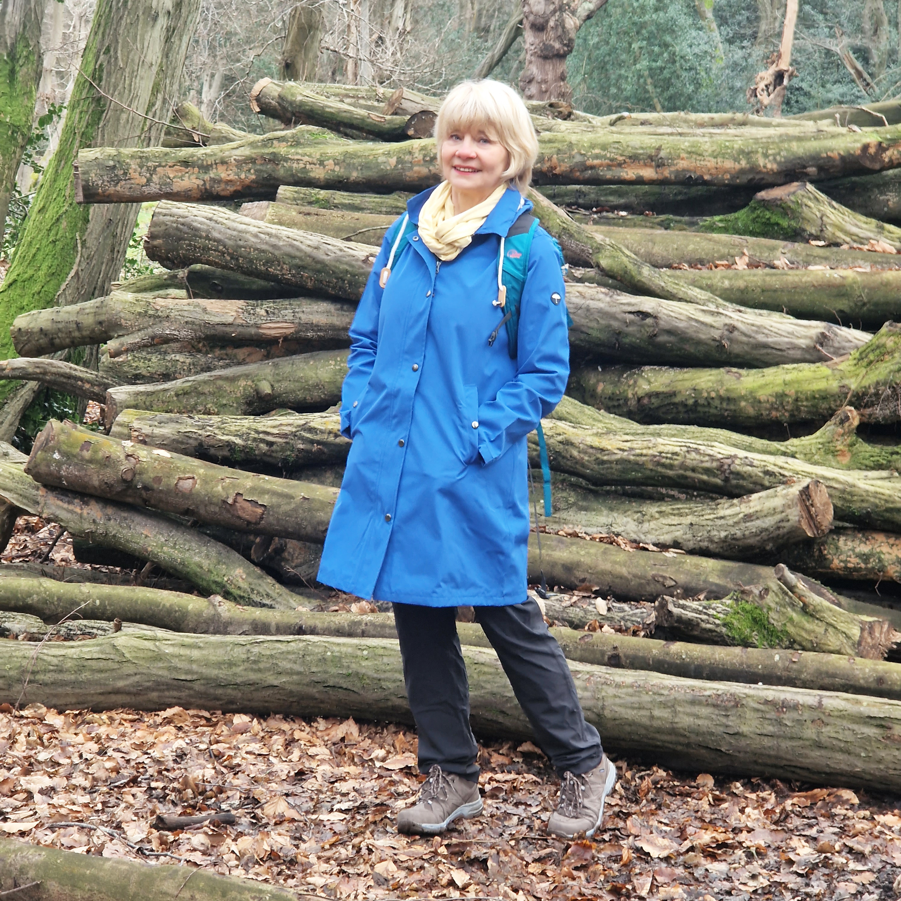 Gail Hanlon from Is This Mutton, a keen walker, in all weather waterproof jacket and walking shoes from Cotton Traders