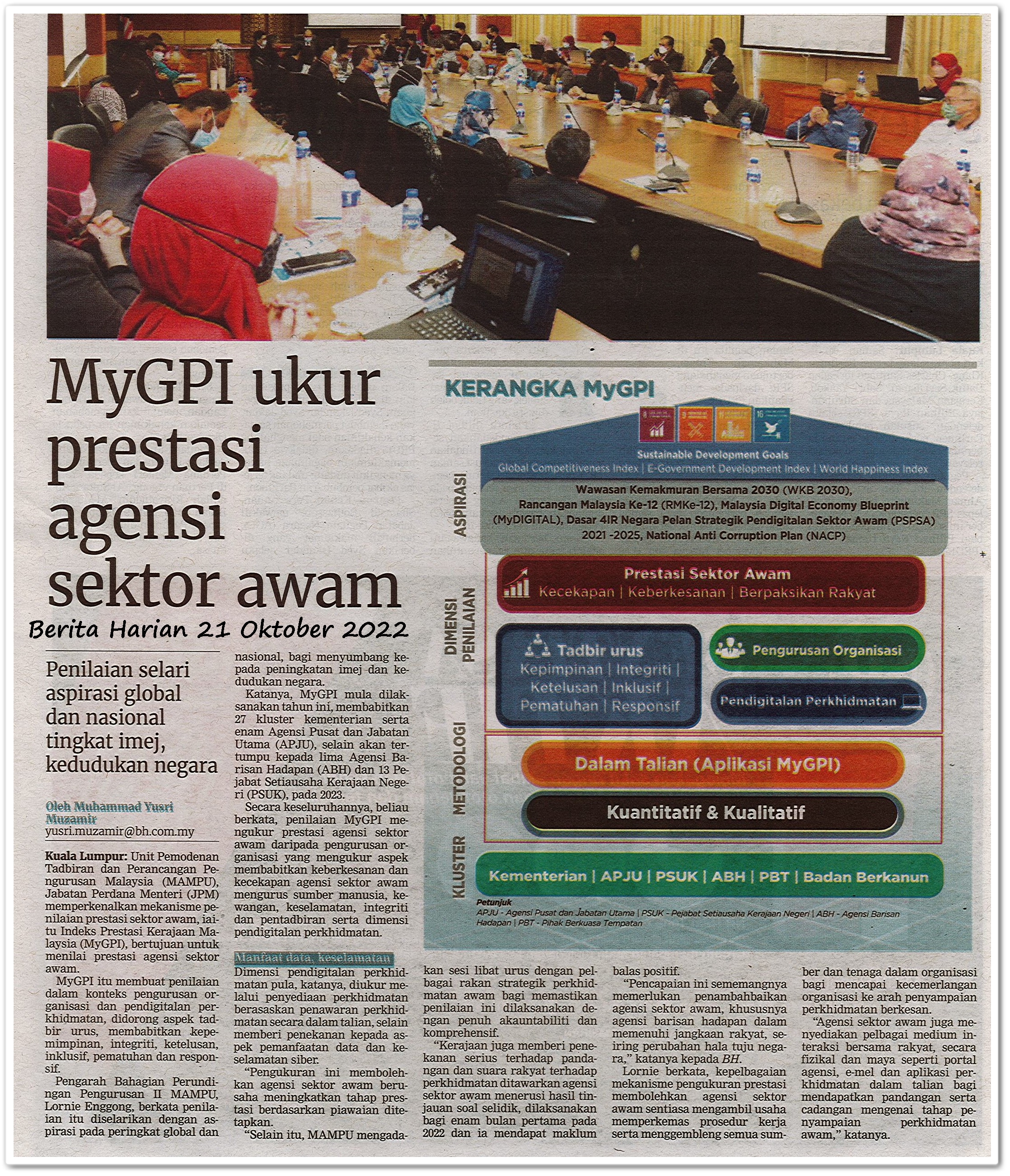 MyGPI ukur prestasi agensi sektor awam - Keratan akhbar Berita Harian 21 Oktober 2022