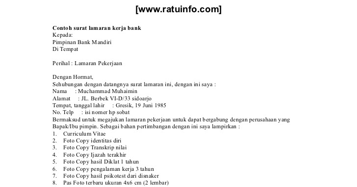 Contoh Surat Lamaran Kerja Model Gabungan - Mi Putri