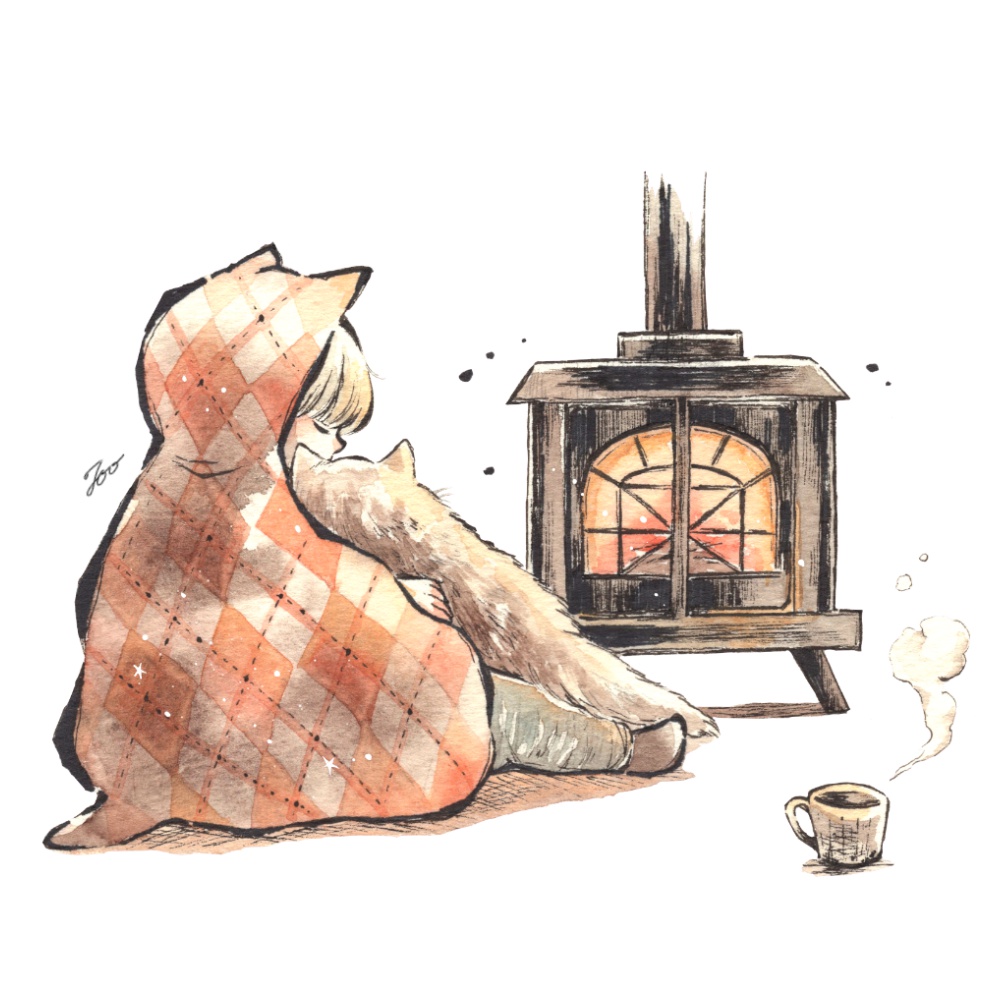 冬の男の子ともふもふ猫と暖炉の水彩アナログイラスト メイキング 手描きのかわいい絵 遠北ほのかのイラストサイト