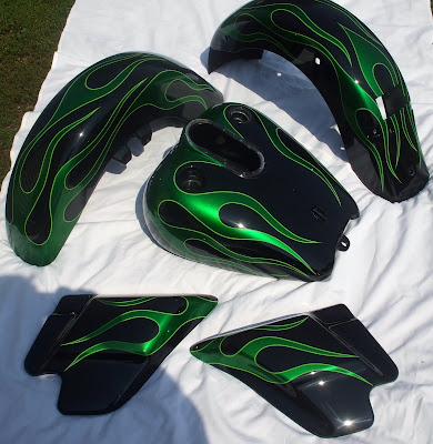 Harley Davidson vivid black with candy green flames outlined with lime