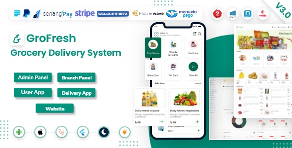 GroFresh v3.0 – (Grocery, Pharmacy, eCommerce, Store) App and Web withLaravel Admin Panel + Delivery App