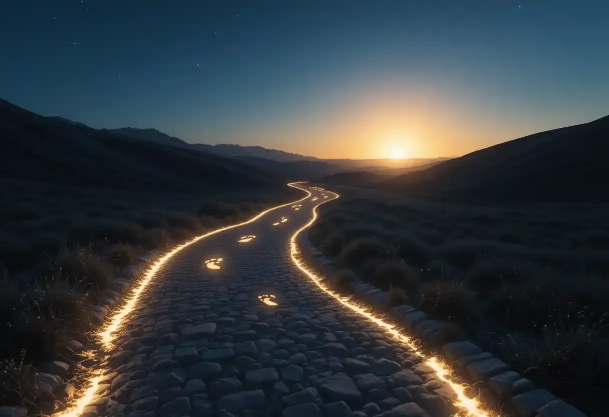 A winding path illuminated by subtle, glowing footprints, symbolizing intentional steps and a day flowing with purpose, leading towards a bright, clear horizon.
