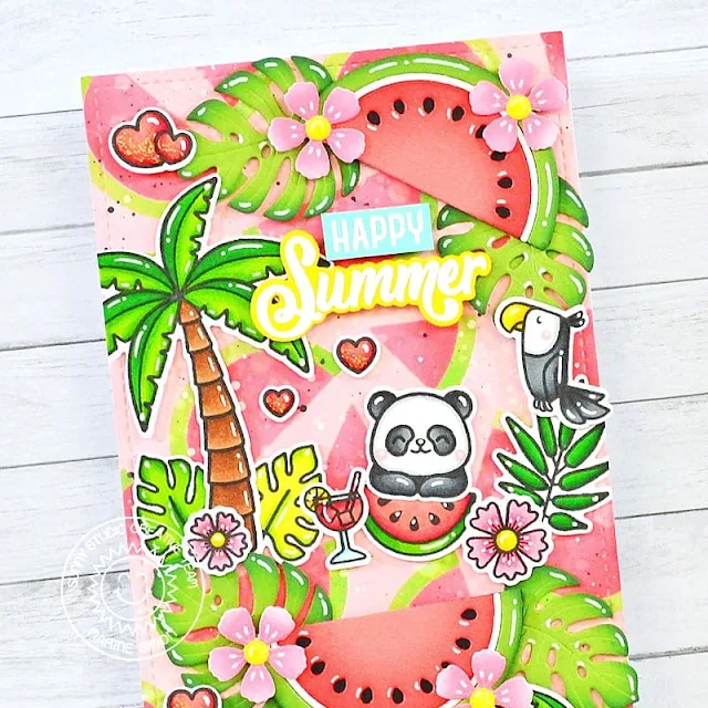 Sunny Studio Stamps: Juicy Watermelon Die Focused Summer Themed Card by Marine Simon (featuring Summer Greenery Dies, Panda Party, Seasonal Trees, Sending Sunshine, Fabulous Flamingos, Tiki Time)
