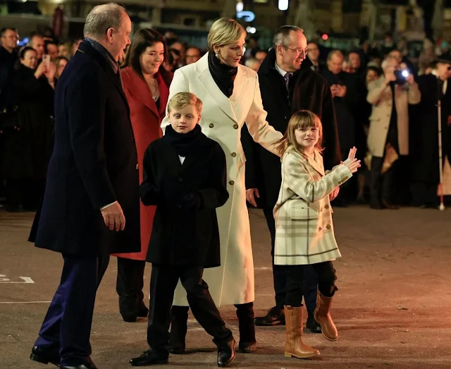 Princess Charlene and Prince Jacques. Princess Gabriella wore a dove beige check wool cashmere coat by Burberry